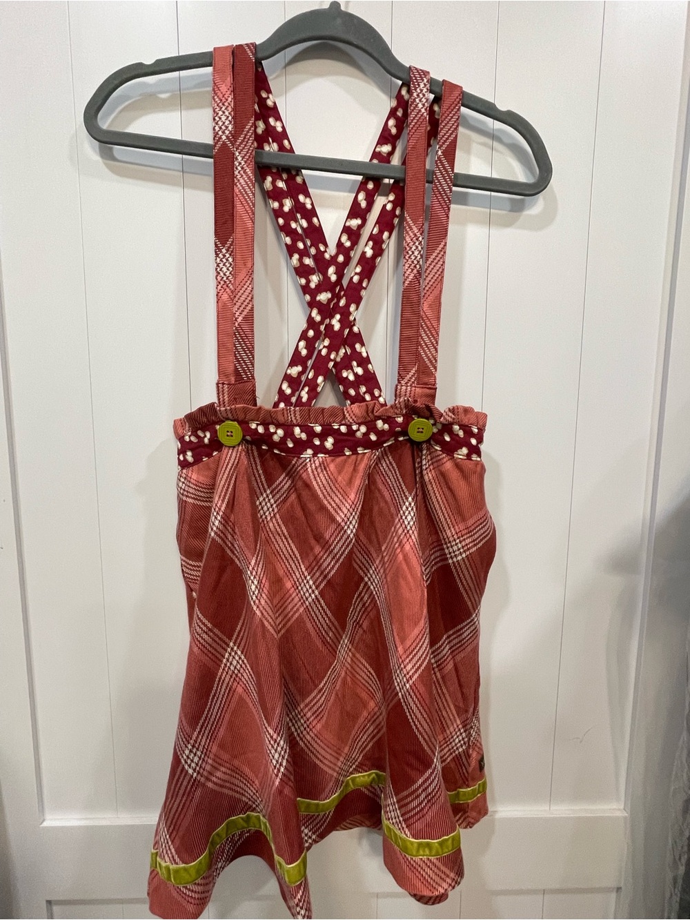 Matilda Jane Rose Red Plaid Suspender Skirt Cream Dot Waistband NEW w/tags 12
